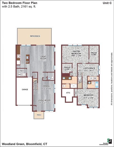 Floor plan for 2 beds, 2.5 baths, 2161 sqft